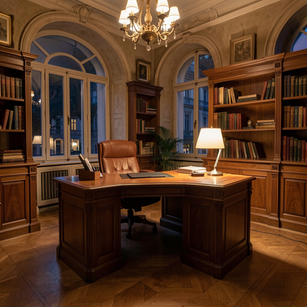 Oficina con escritorio de madera iluminado por la noche en un edificio histórico de Buenos Aires