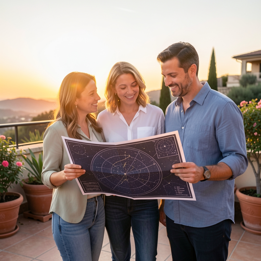 Pareja mirando juntos un mapa estelar en una terraza al atardecer