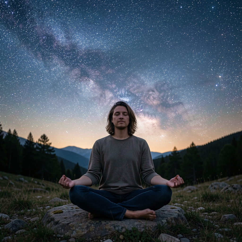 Persona meditando al aire libre bajo un cielo lleno de estrellas