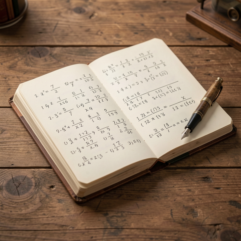Cuaderno con cálculos numerológicos y una pluma antigua sobre la mesa