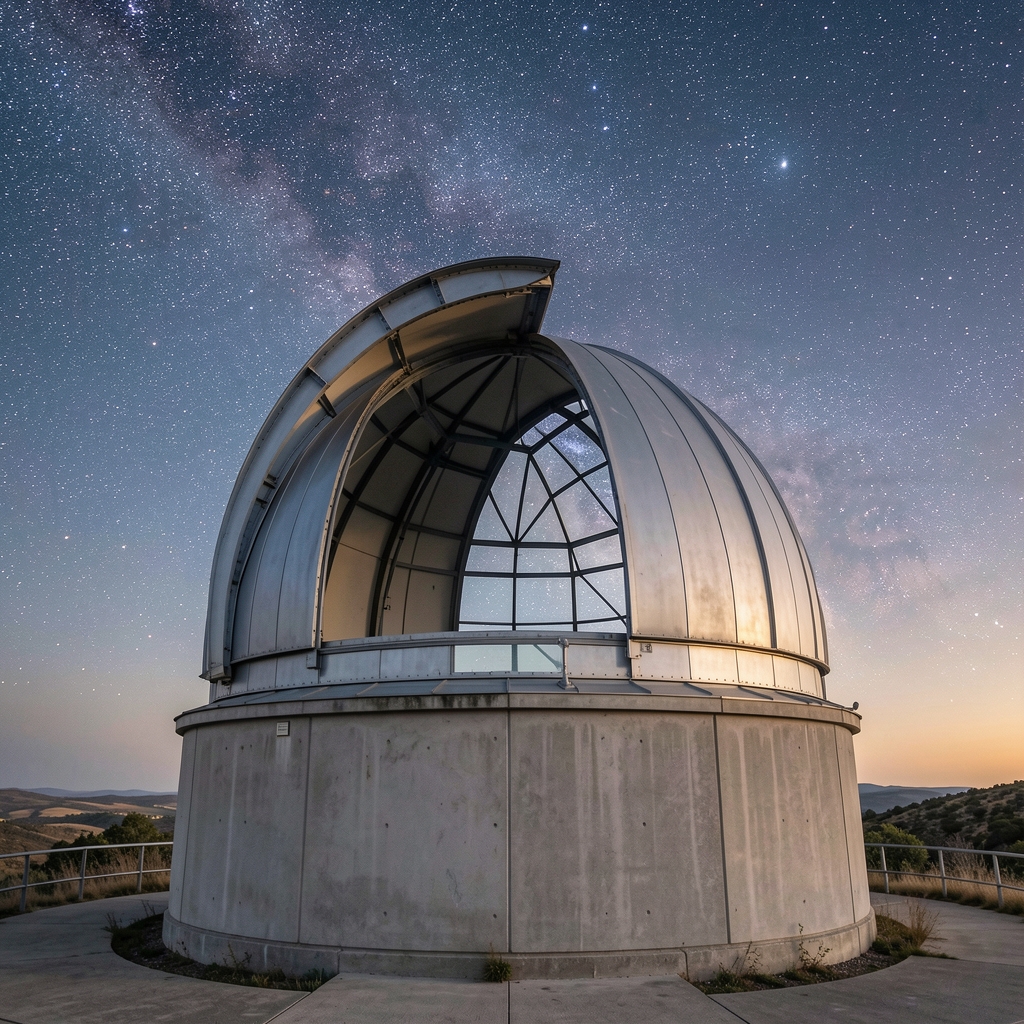 Cúpula de observatorio astronómico abierta bajo un cielo estrellado