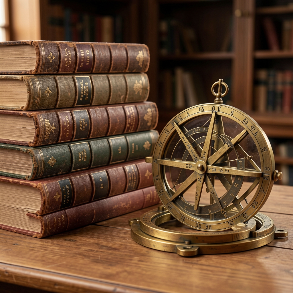 Pila de libros antiguos de astrología junto a un astrolabio de bronce