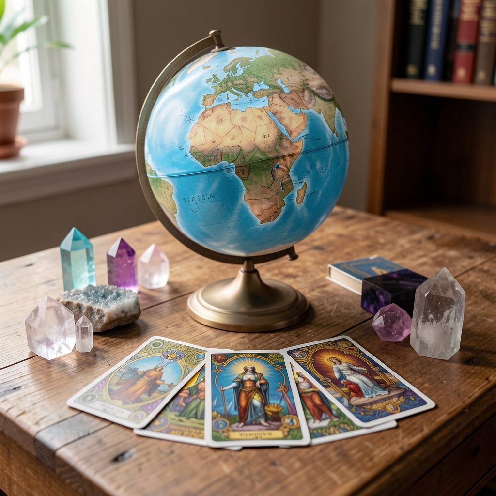 Mesa con cartas de tarot, cristales y un globo terráqueo celeste