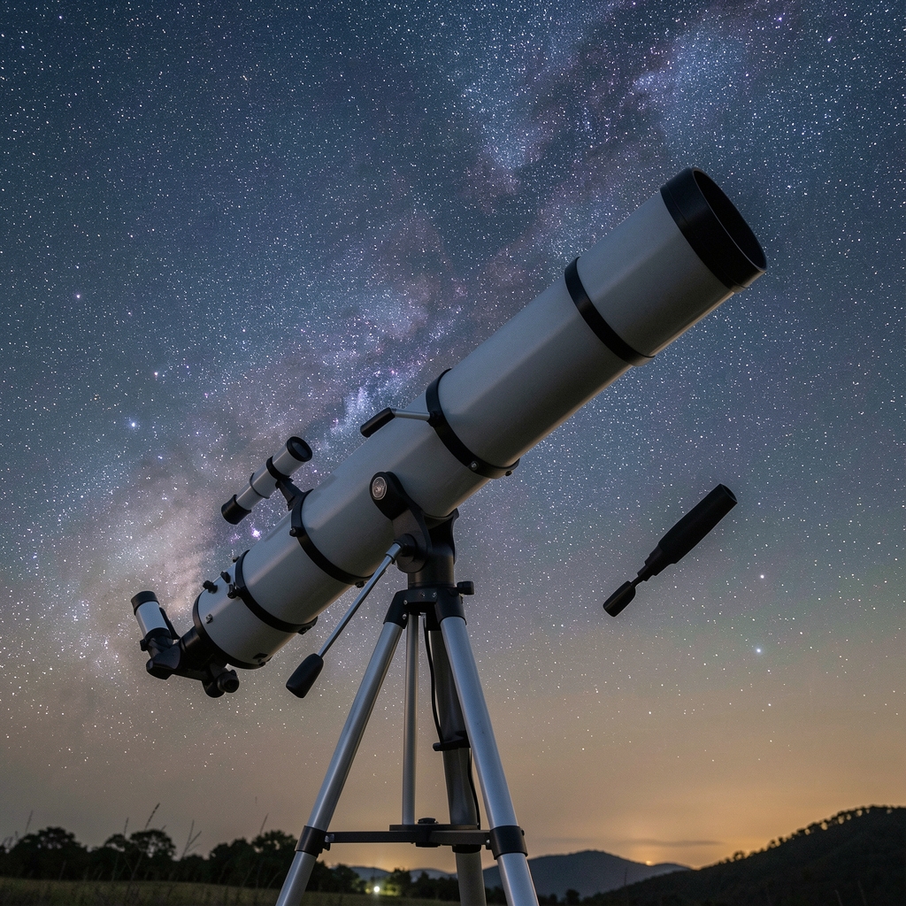 Telescopio apuntando al cielo estrellado durante la noche