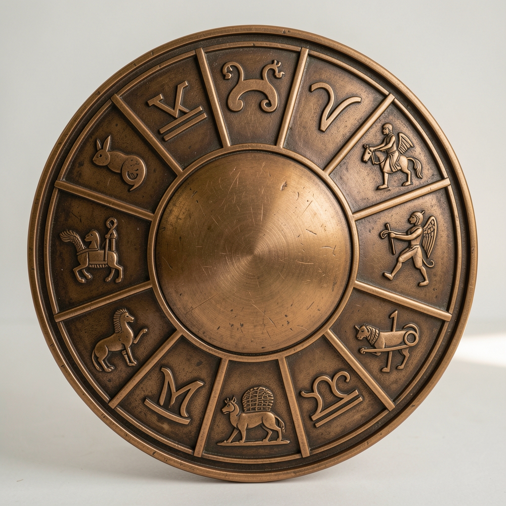 Rueda zodiacal antigua de bronce con los doce signos grabados